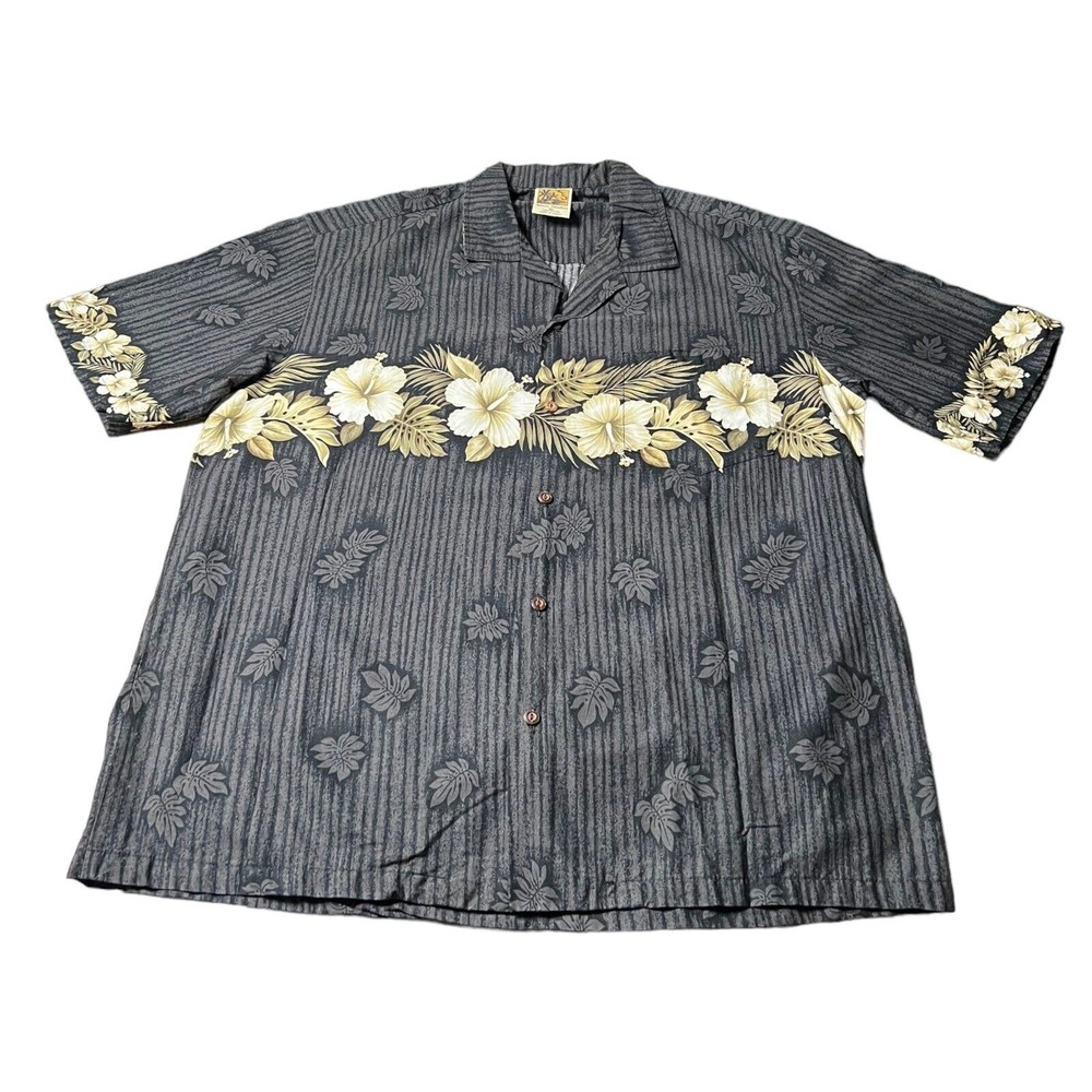Winnie Fashion Floral Striped Black Hawaiian Button Down Shirt USA Men’s Size XL